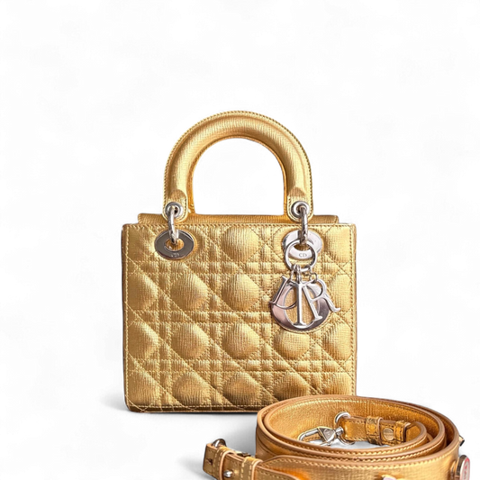 Dior Lady Small - Cannage Metallic Calfskin Gold Silver Hardware
