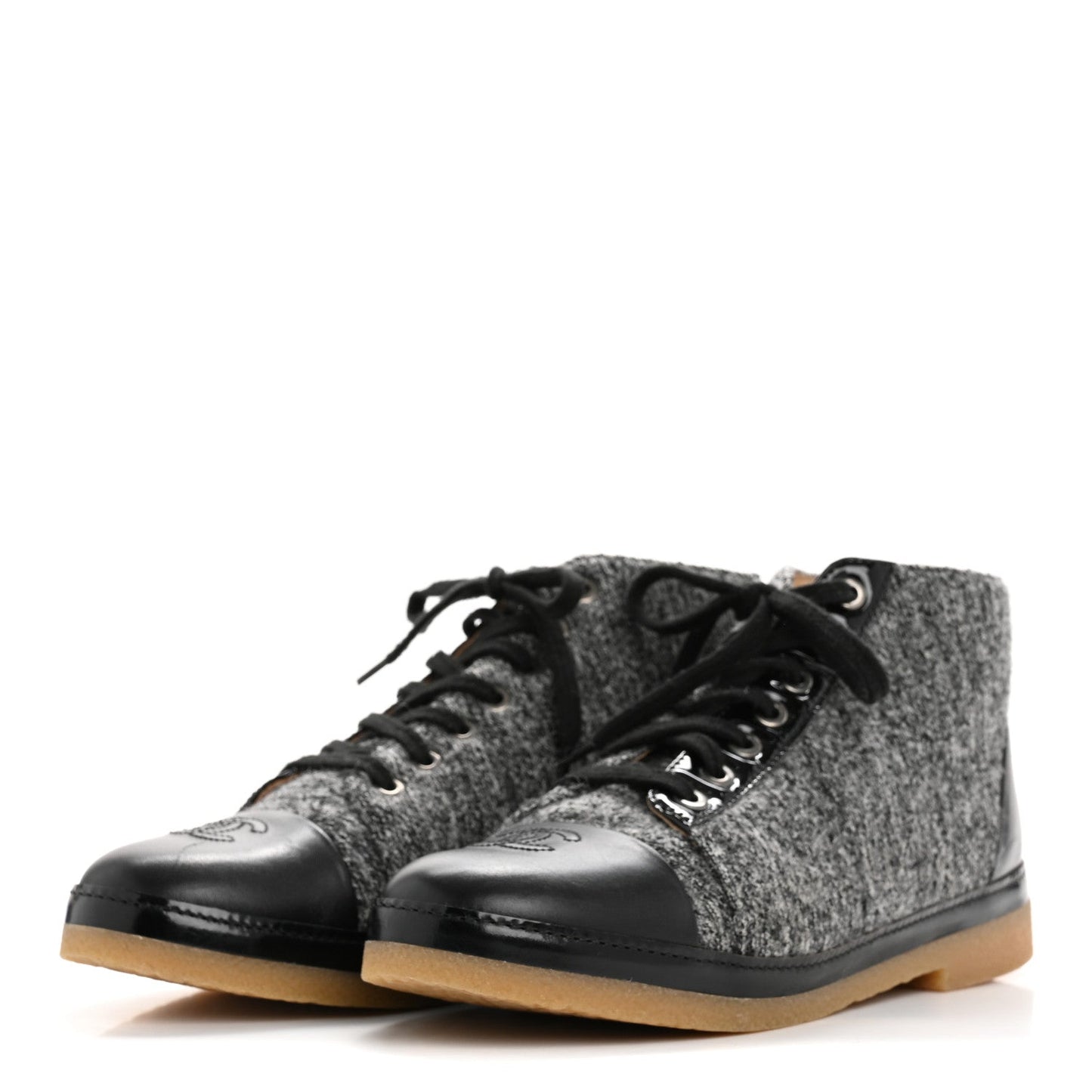 Chanel Wool Calfskin CC Lace Up Short Boots 37.5 Grey Black