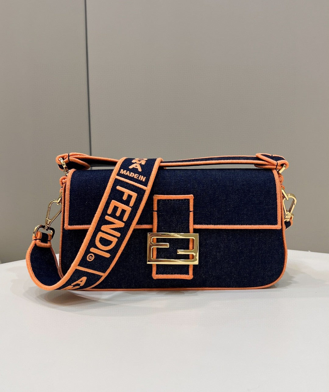 Top QualityTop Quality Baguette Blue Denim Orange Border Bag For Woman 26cm/10in