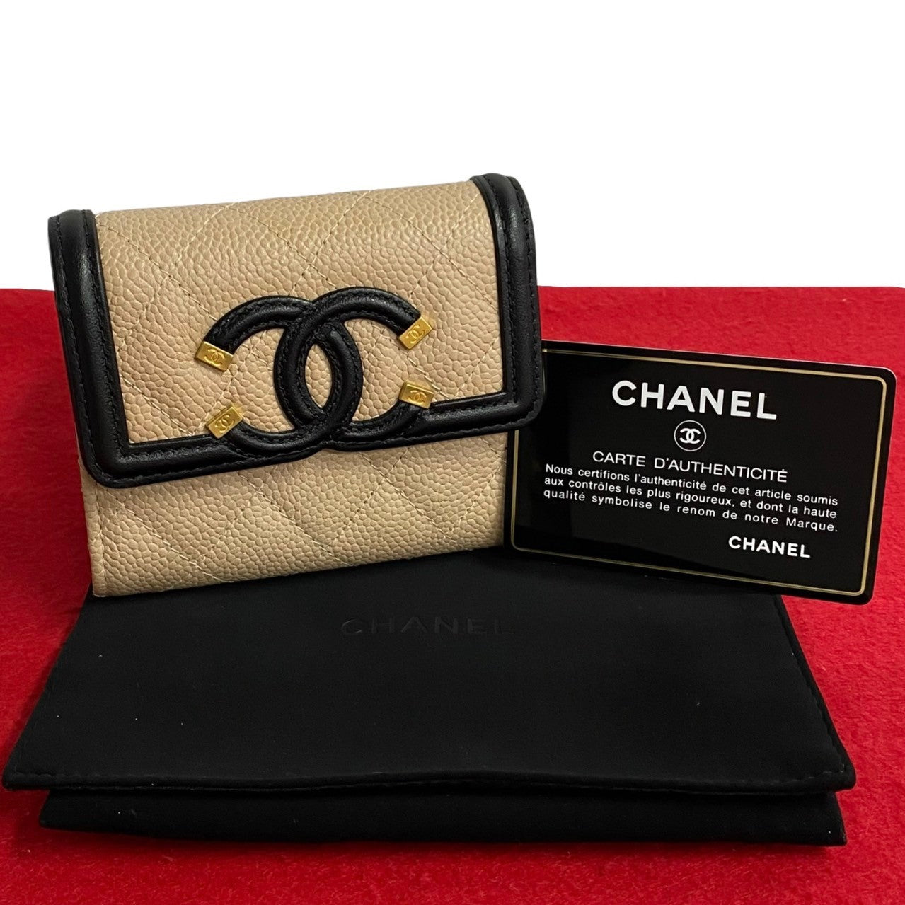 CHANEL Bifold Wallet leather beige