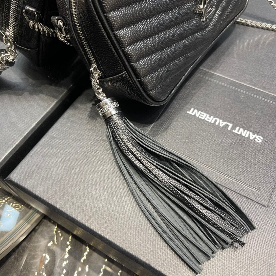 YSSL Lou Mini Bag Black In Quilted Grain De Poudre With Silver Toned Hardware For Women 7in/19cm YSl 6125791GF021000