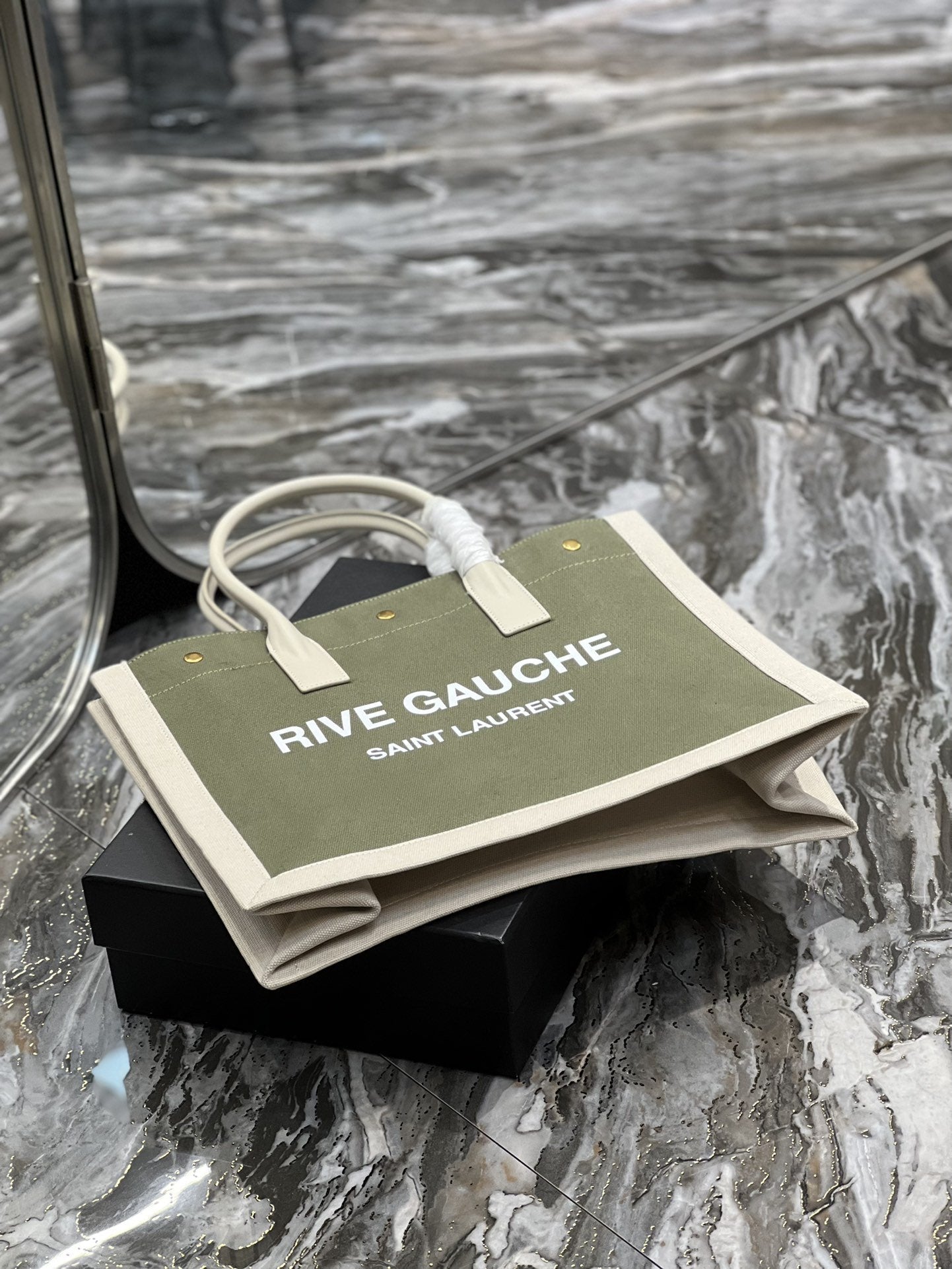 YSSL Rive Gauche Small Tote Bag In Linen Military Green For Women 15in/39cm YSL 617481FAADI3281