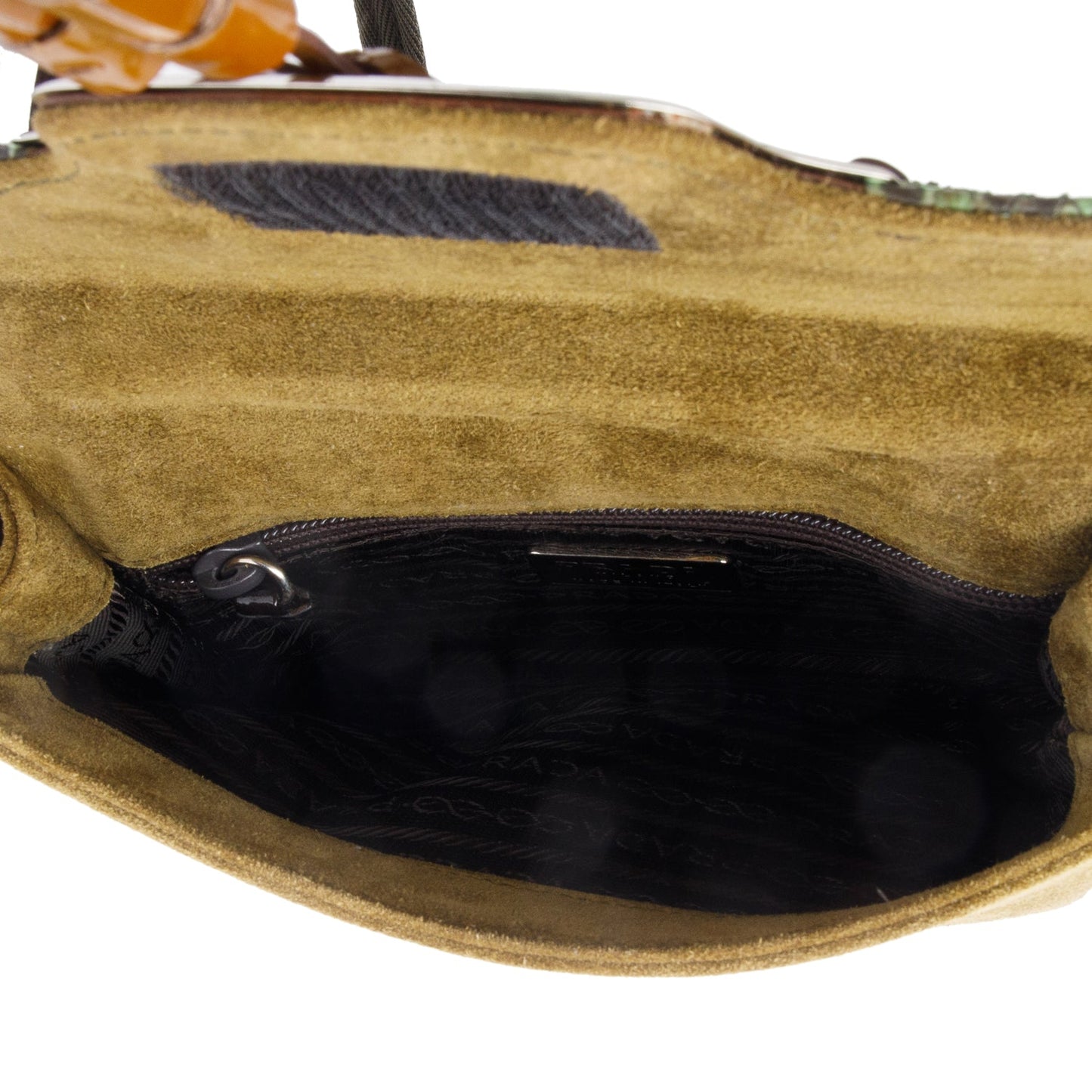 Prada Brown Brown Patent Leather Green Python and Suede Trimmed Mini Shoulder Bag