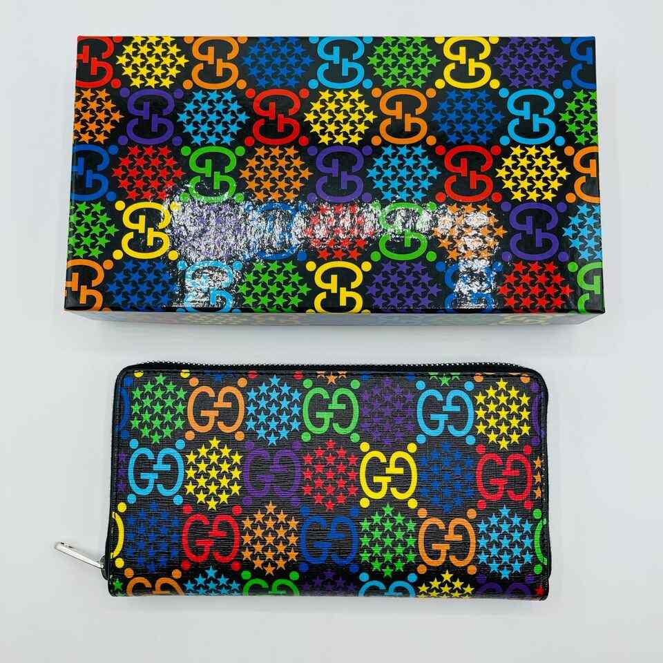 Gucci Unisex Black/Rainbow Supreme GG Leather Psychedelic Zip Around Wallet