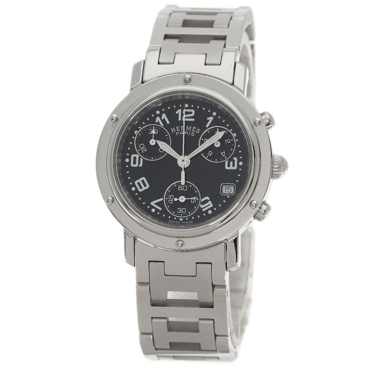 HERMES Watches Quartz CL1.310 Stainless Steel , Stainless Steel Silver Clipper Chrono black dial Women  d