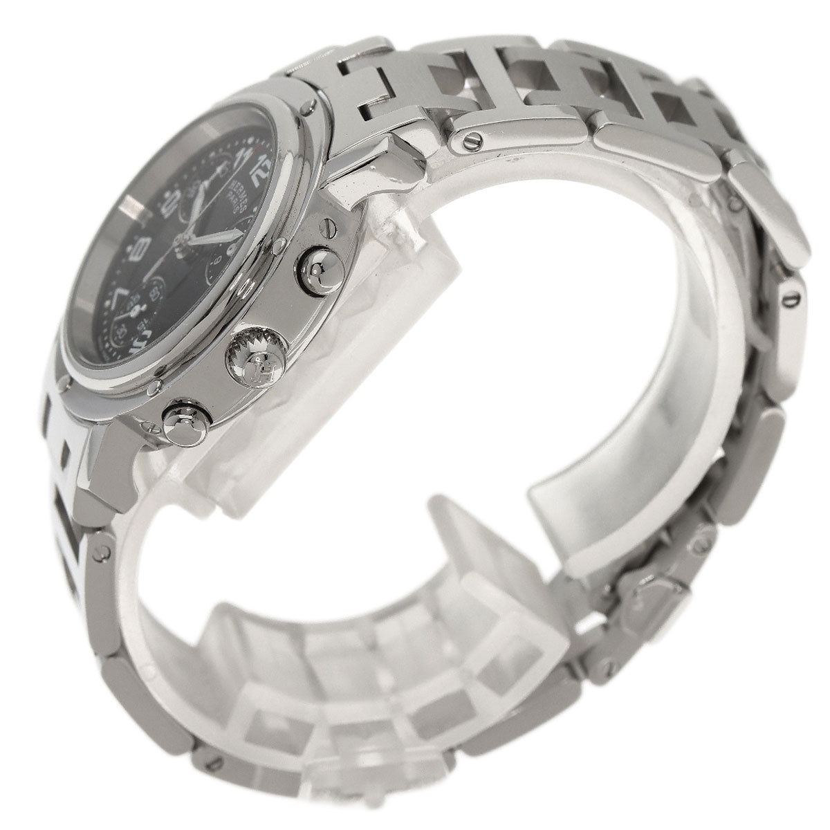 HERMES Watches Quartz CL1.310 Stainless Steel , Stainless Steel Silver Clipper Chrono black dial Women  d