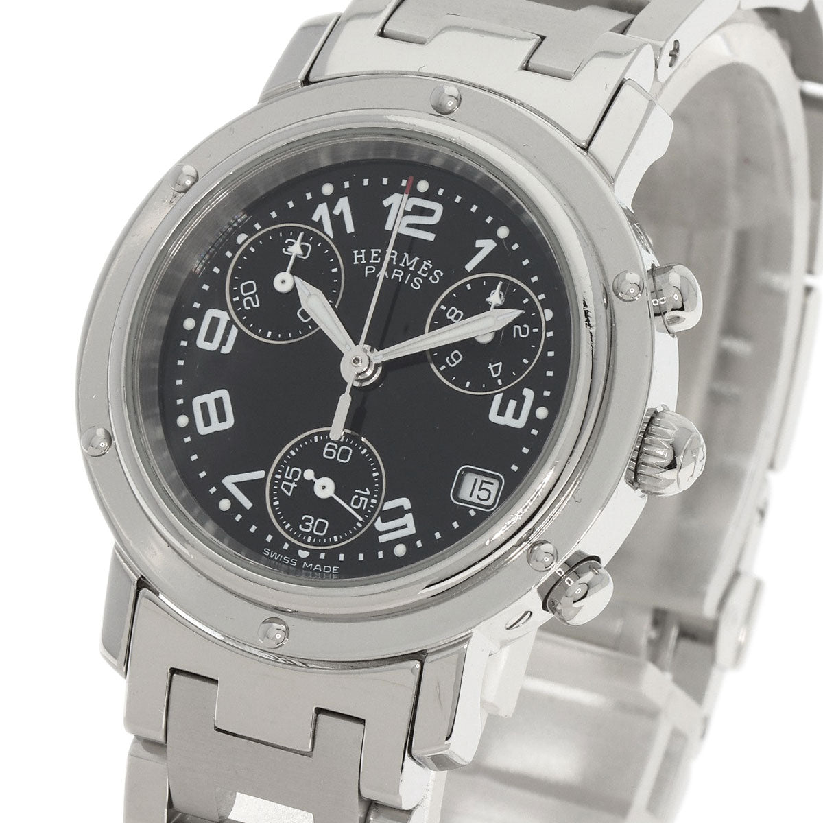 HERMES Watches Quartz CL1.310 Stainless Steel , Stainless Steel Silver Clipper Chrono black dial Women  d