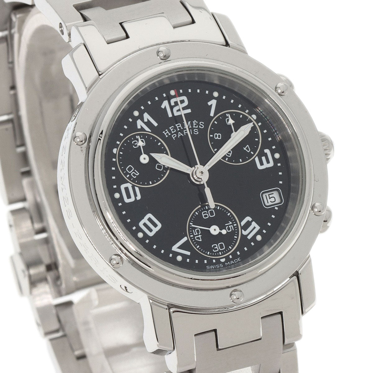 HERMES Watches Quartz CL1.310 Stainless Steel , Stainless Steel Silver Clipper Chrono black dial Women  d