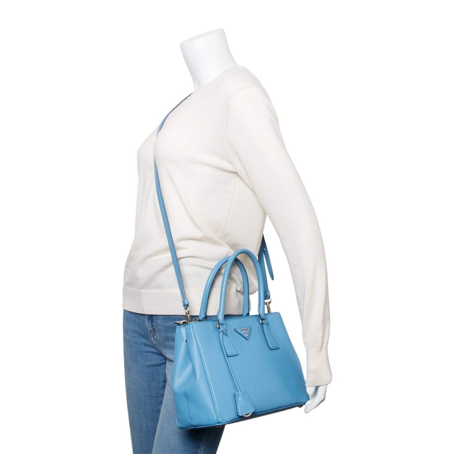 Prada Blue Saffiano Leather Small Double Zip Galleria Tote
