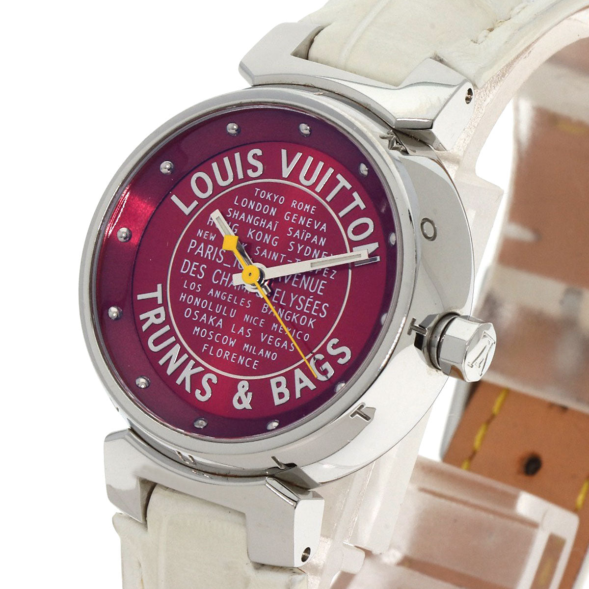 LOUIS VUITTON Watches Quartz Q121N Stainless Steel, Leather Silver Tambour TRUNKS&BAGS Red dial Women