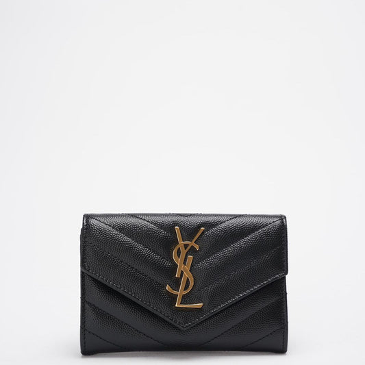 Saint Laurent Small Monogram Wallet Black Leather with Gold YSL Logo