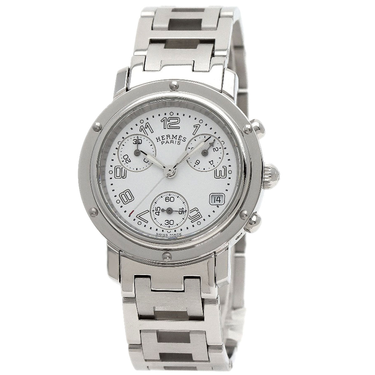 HERMES Watches Quartz CL1.310 Stainless Steel , Stainless Steel Silver Clipper Chronograph New Buckle white dial Women  d