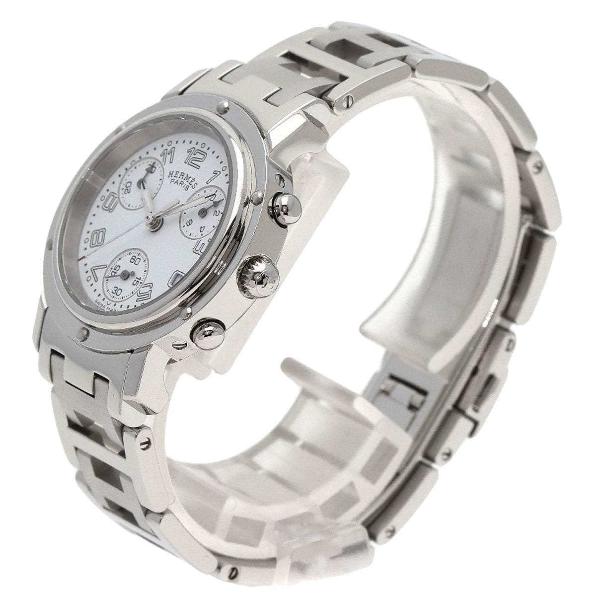 HERMES Watches Quartz CL1.310 Stainless Steel , Stainless Steel Silver Clipper Chronograph New Buckle white dial Women  d