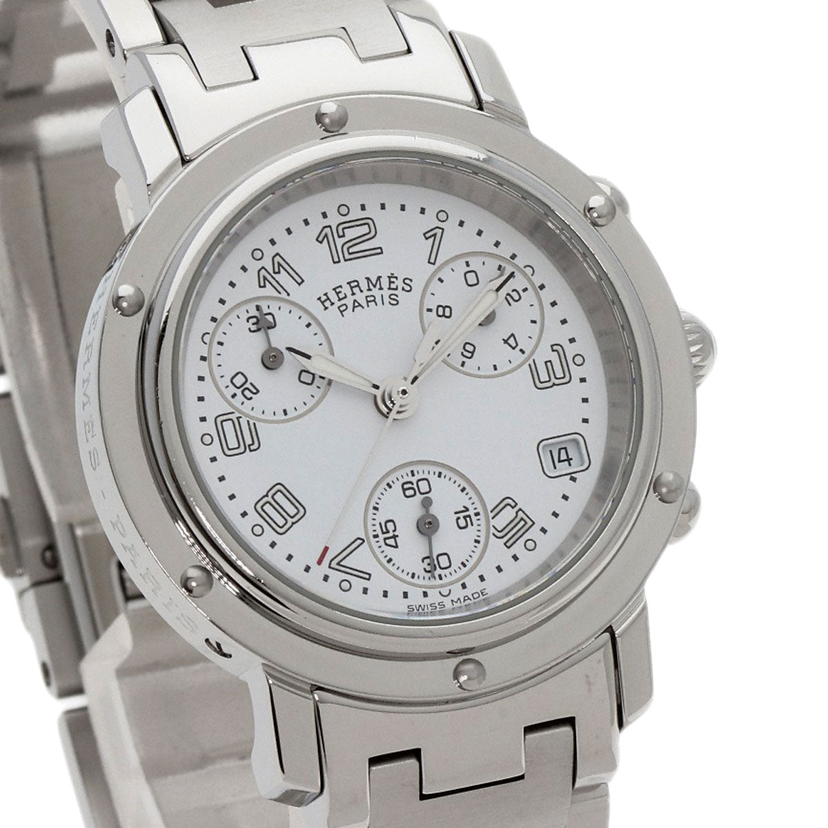 HERMES Watches Quartz CL1.310 Stainless Steel , Stainless Steel Silver Clipper Chronograph New Buckle white dial Women  d
