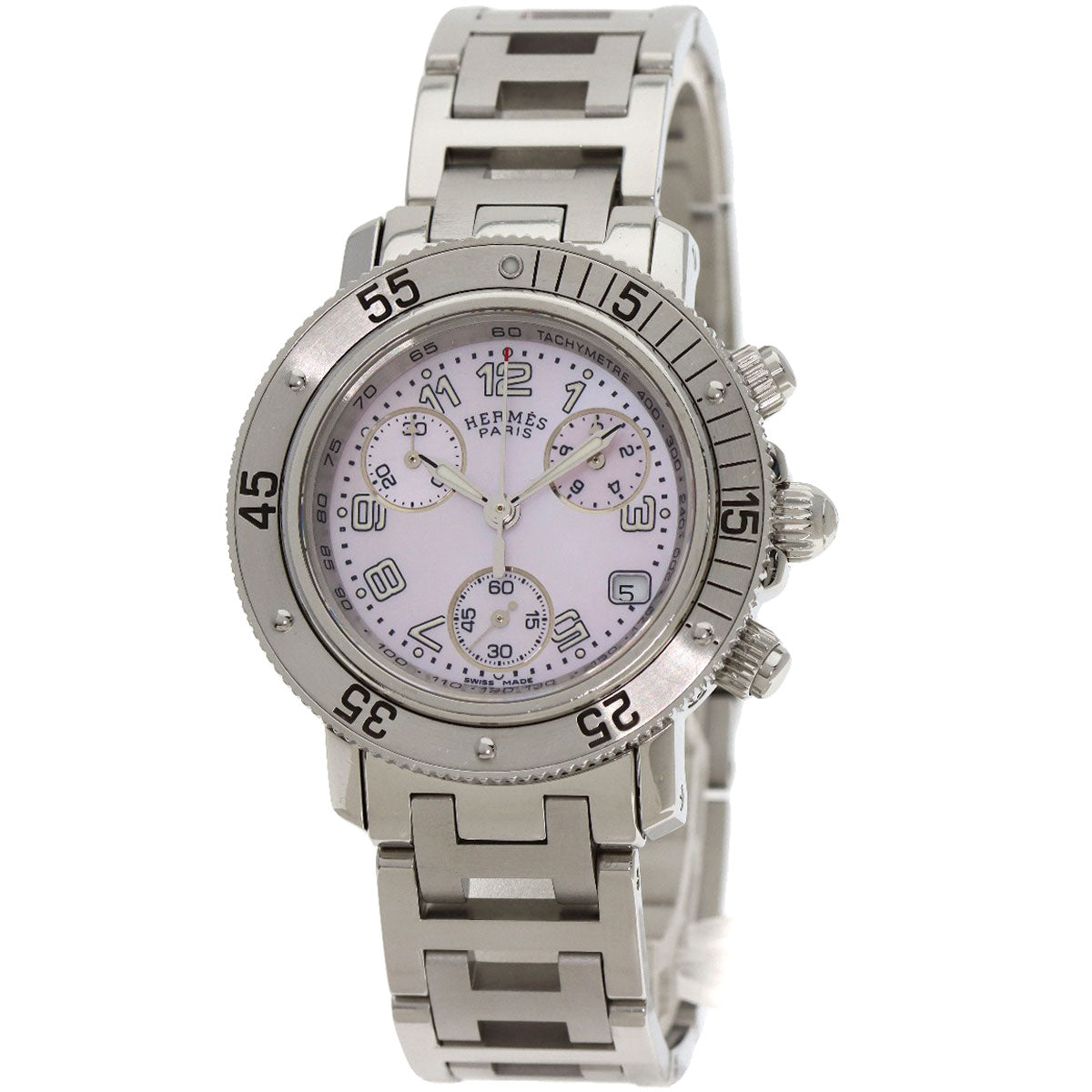 HERMES Watches Quartz CL2.310 Stainless Steel , Stainless Steel Silver Clipper Diver Chronograph New Buckle Pink shell dial mens  d