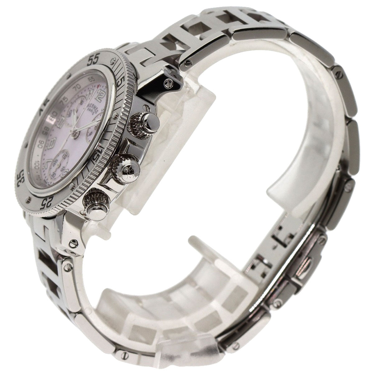 HERMES Watches Quartz CL2.310 Stainless Steel , Stainless Steel Silver Clipper Diver Chronograph New Buckle Pink shell dial mens  d