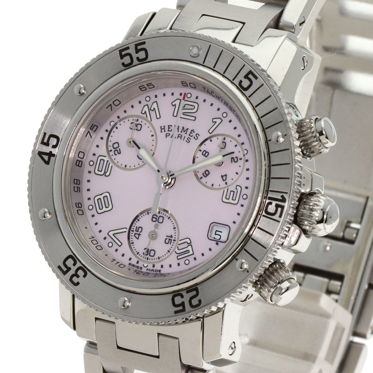 HERMES Watches Quartz CL2.310 Stainless Steel , Stainless Steel Silver Clipper Diver Chronograph New Buckle Pink shell dial mens  d