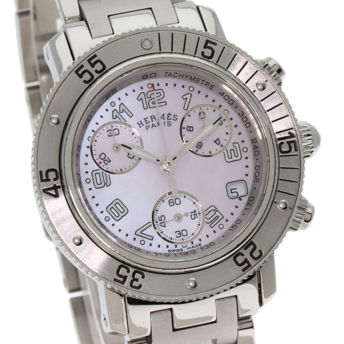 HERMES Watches Quartz CL2.310 Stainless Steel , Stainless Steel Silver Clipper Diver Chronograph New Buckle Pink shell dial mens  d