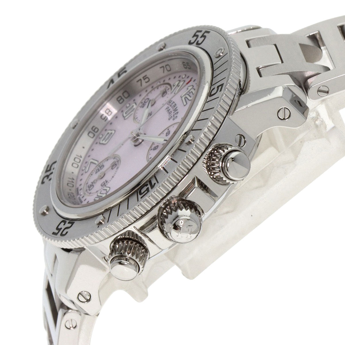 HERMES Watches Quartz CL2.310 Stainless Steel , Stainless Steel Silver Clipper Diver Chronograph New Buckle Pink shell dial mens  d