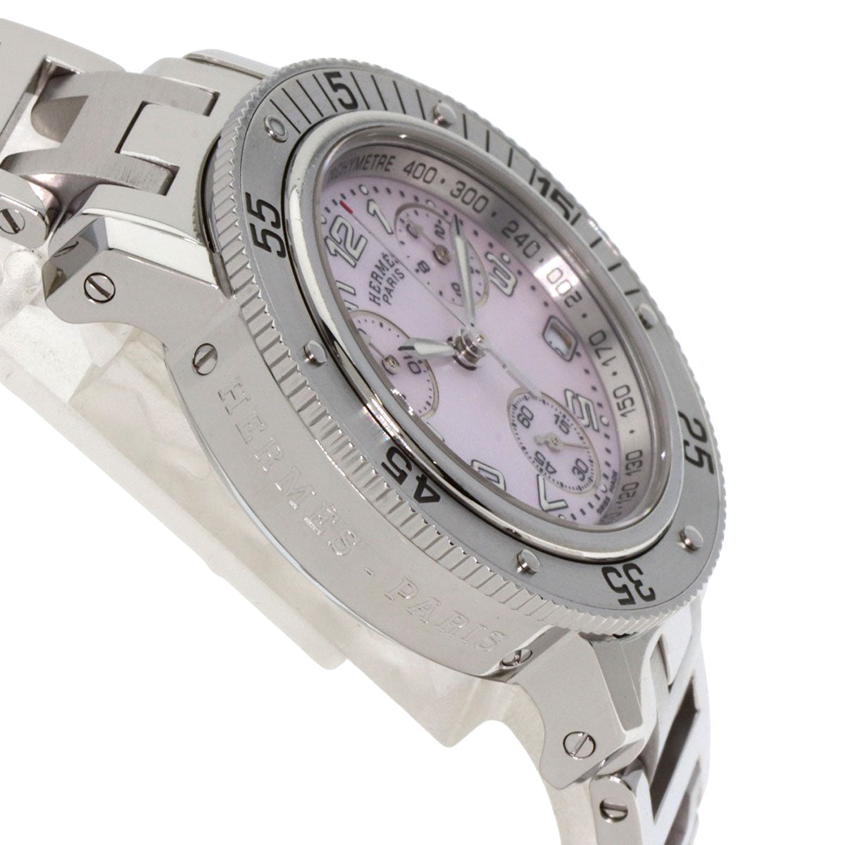 HERMES Watches Quartz CL2.310 Stainless Steel , Stainless Steel Silver Clipper Diver Chronograph New Buckle Pink shell dial mens  d