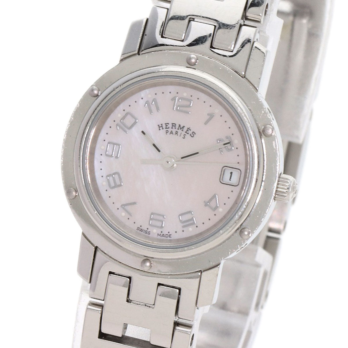 HERMES Watches Quartz CL4.210 Stainless Steel , Stainless Steel Silver Clipper Nacle New Buckle Pink shell dial Women  d