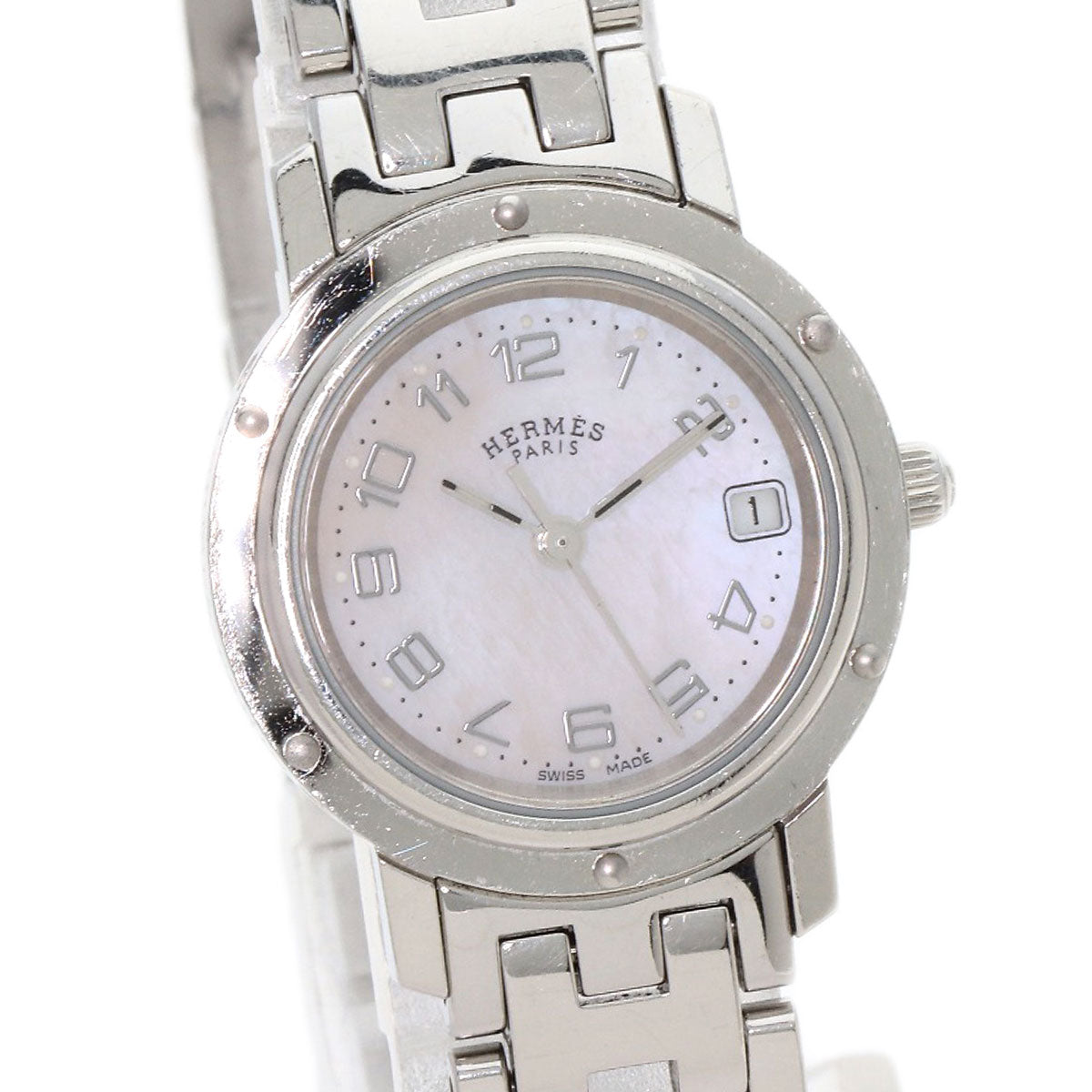 HERMES Watches Quartz CL4.210 Stainless Steel , Stainless Steel Silver Clipper Nacle New Buckle Pink shell dial Women  d