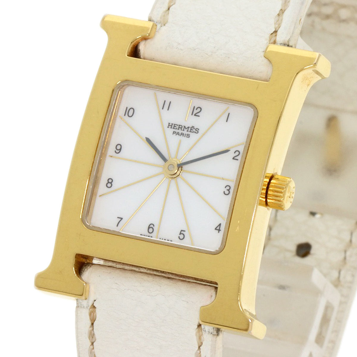 HERMES Watches Quartz HH1.201 Gold Plated, Leather gold H watch white dial Women  d