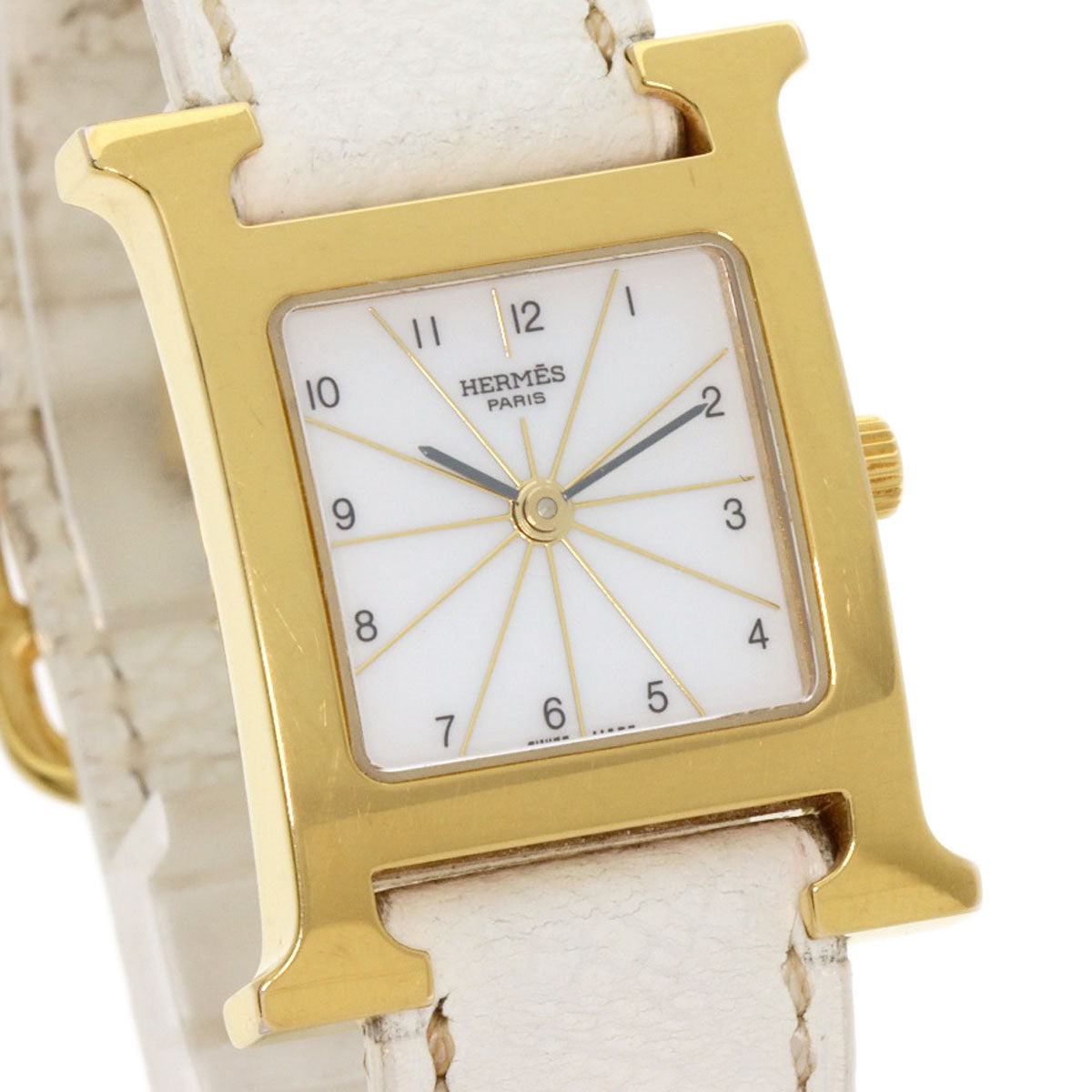 HERMES Watches Quartz HH1.201 Gold Plated, Leather gold H watch white dial Women  d