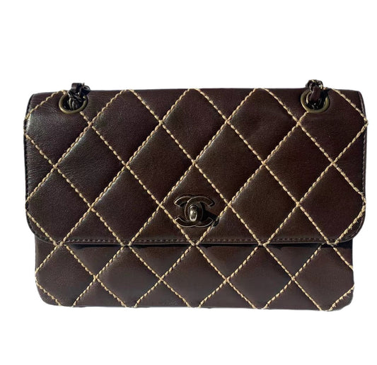 Chanel Wild Stitch Flap Brown Leather with Beige Stitching Detail