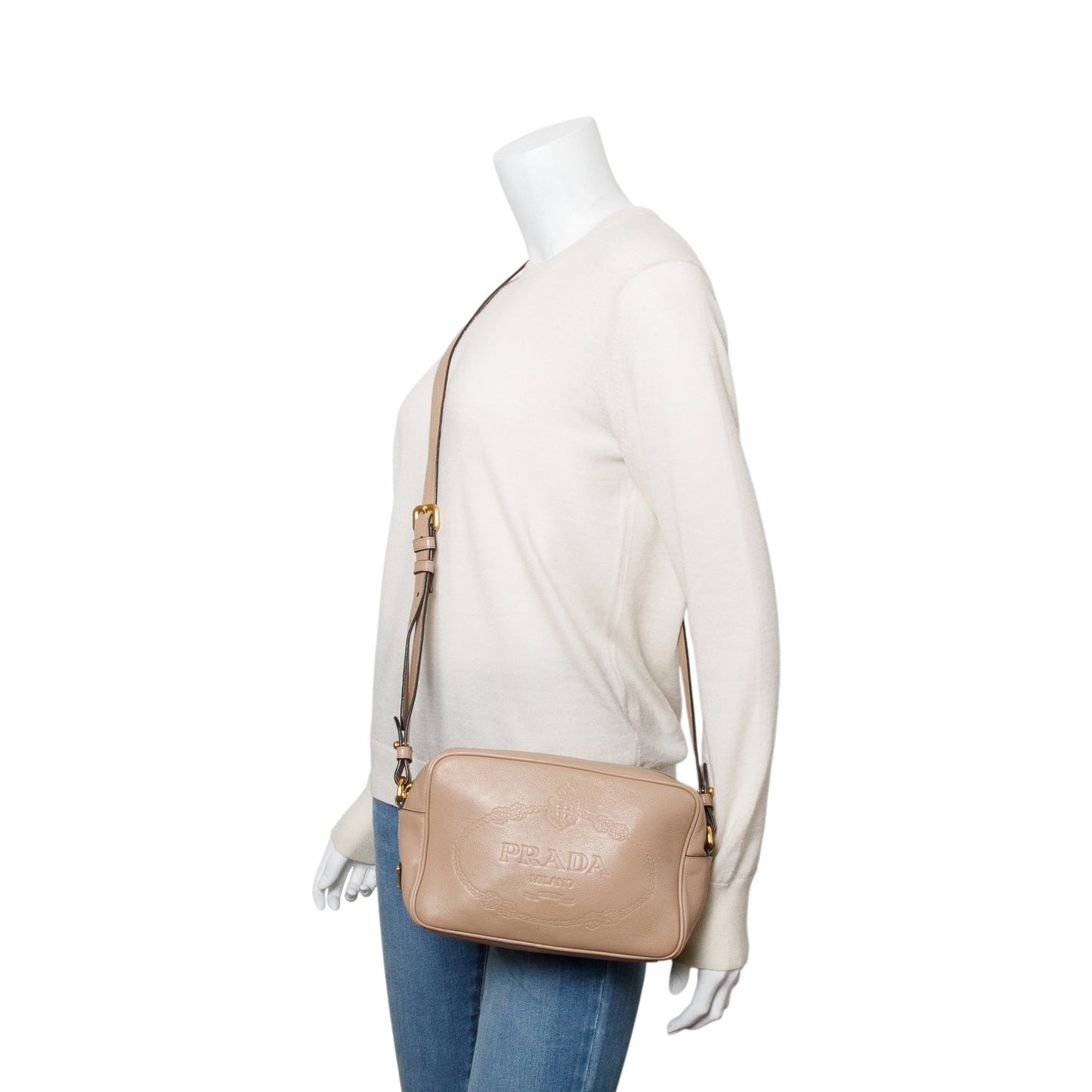 Prada Beige Glace Calf Leather Logo Camera Crossbody Bag