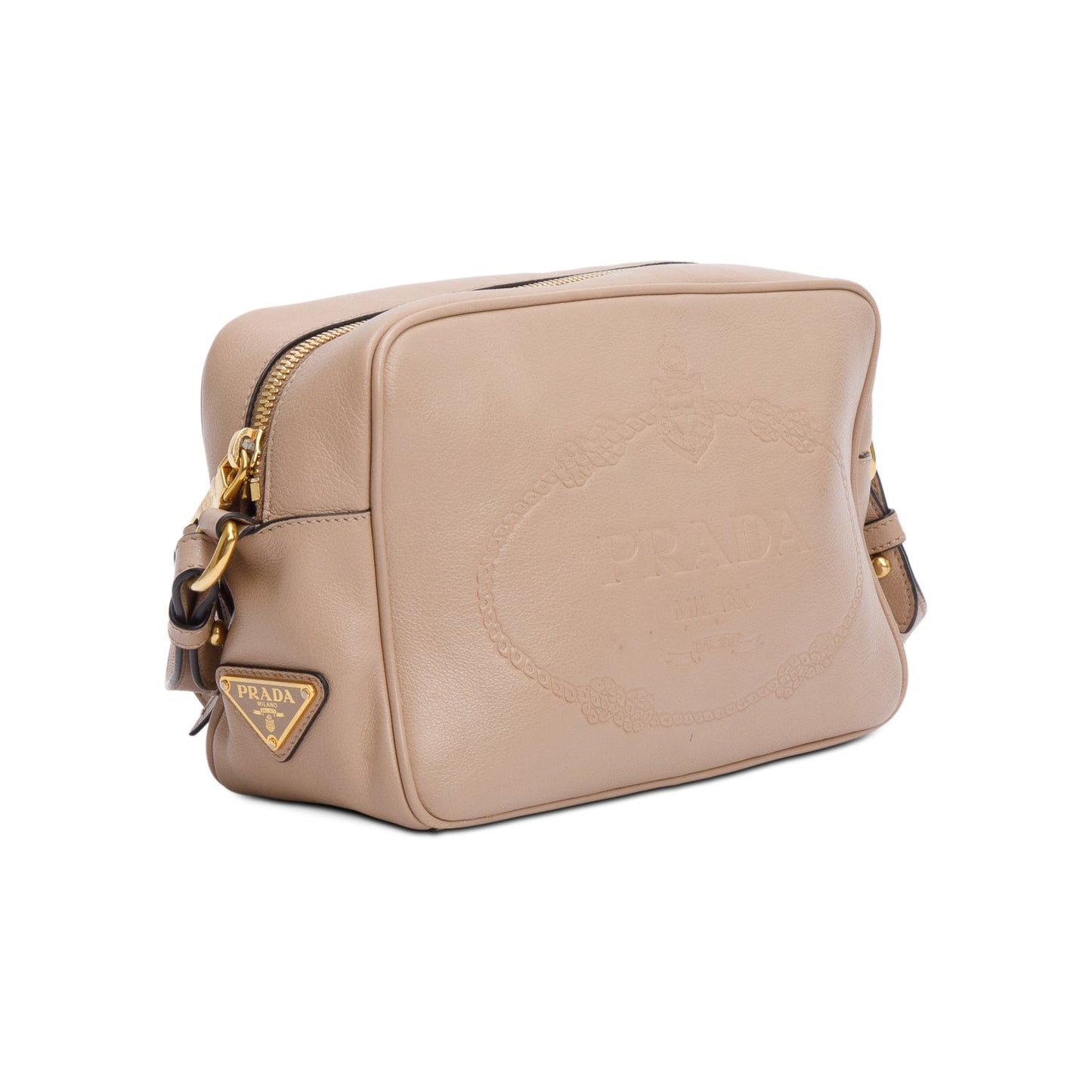 Prada Beige Glace Calf Leather Logo Camera Crossbody Bag