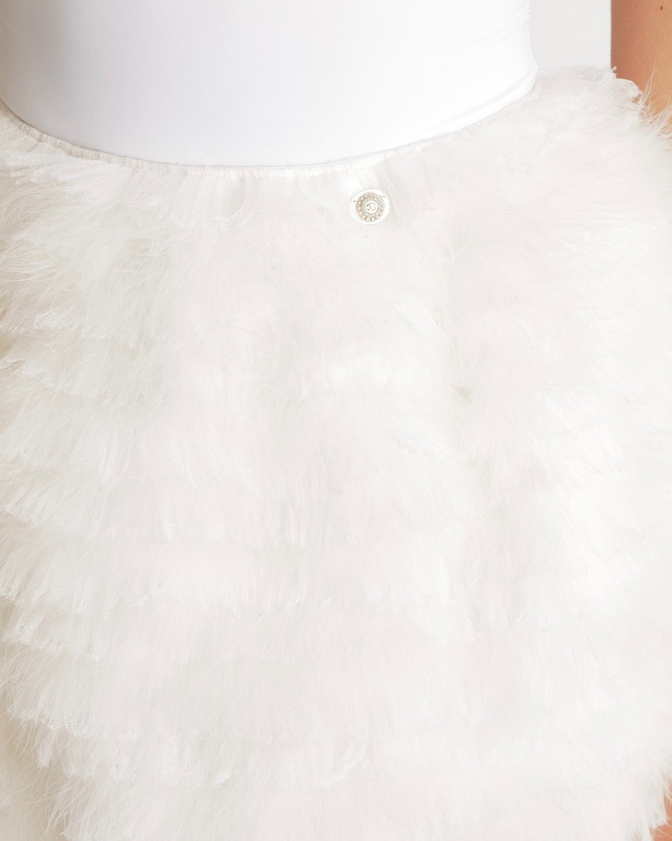 Chanel Fall 2019 White Silk Tiered Mini Skirt with Ruffled Lace and Feathers with Crystal CC Logo Button Size FR 34 (UK 6) RRP £8600