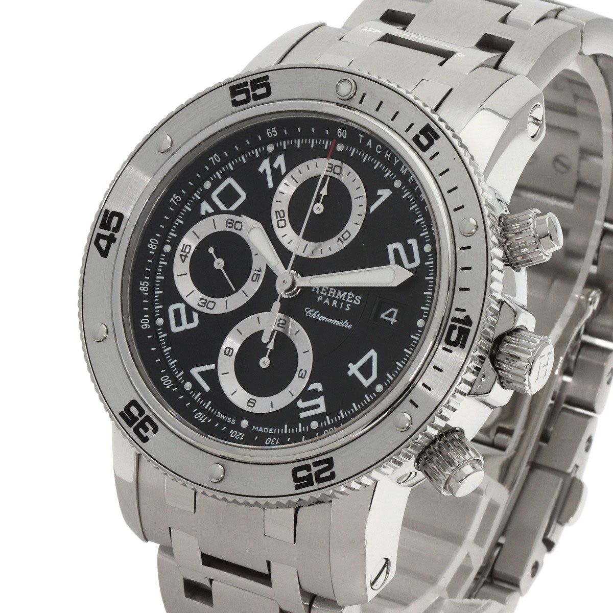 HERMES Watches Mechanical Automatic CP2.910 Stainless Steel , Stainless Steel Silver Clipper Mechanical Diver Chronograph black dial mens  d