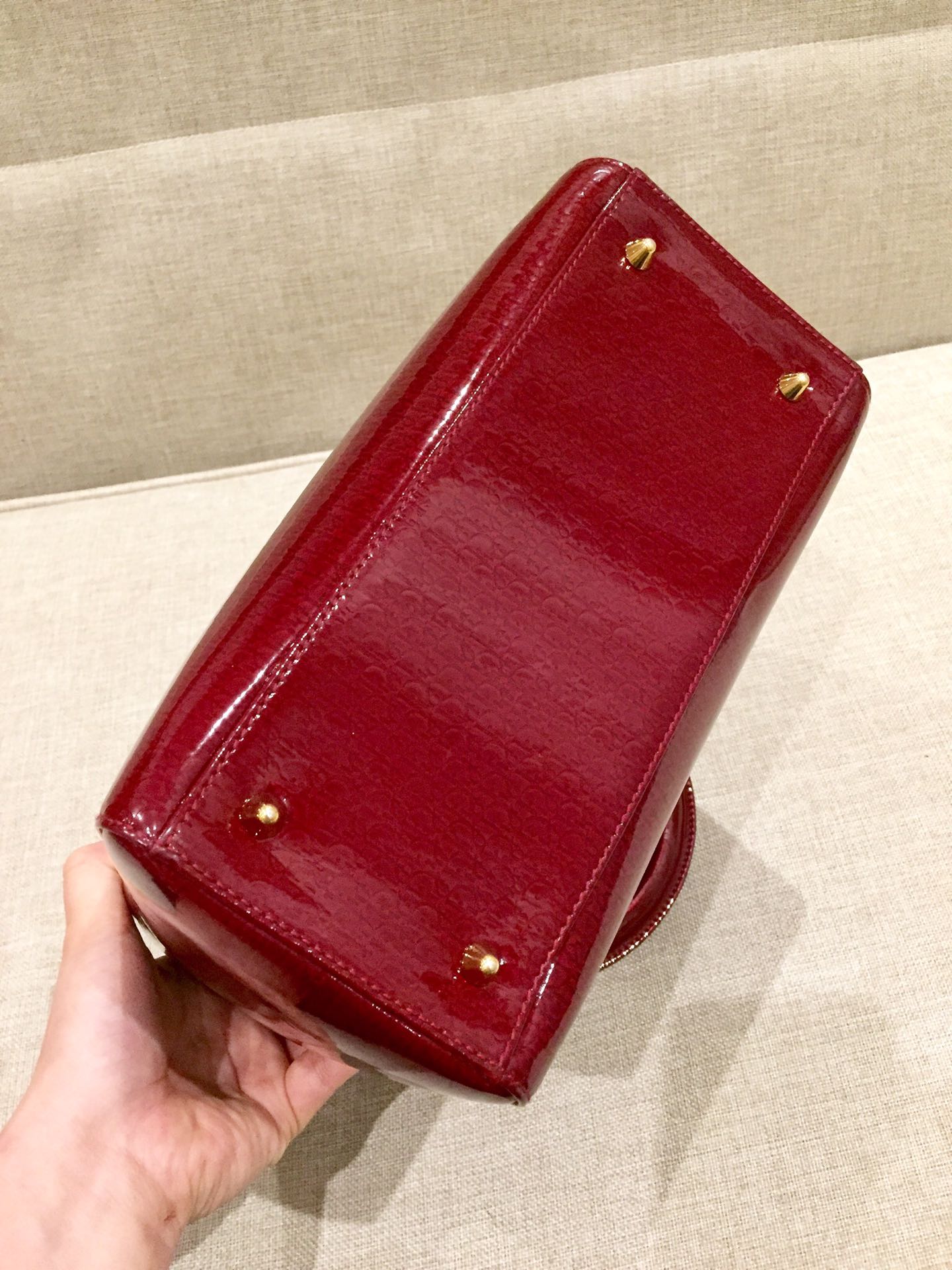 Lady Dior   Medium Red Patent Leather Monogram Embossed Handbag Gold Hardware