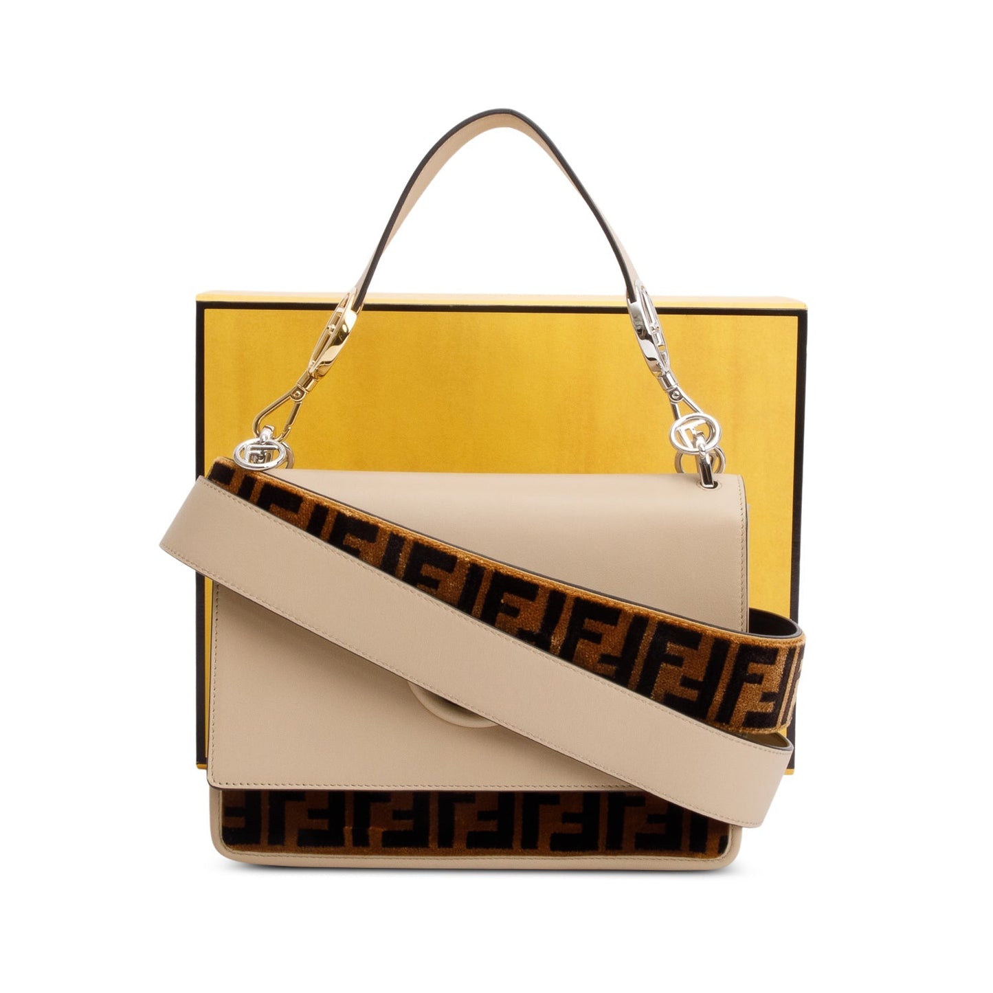 Fendi Beige Calfskin Leather FF Zucca Velvet Medium F is Fendi Kan I Shoulder Bag