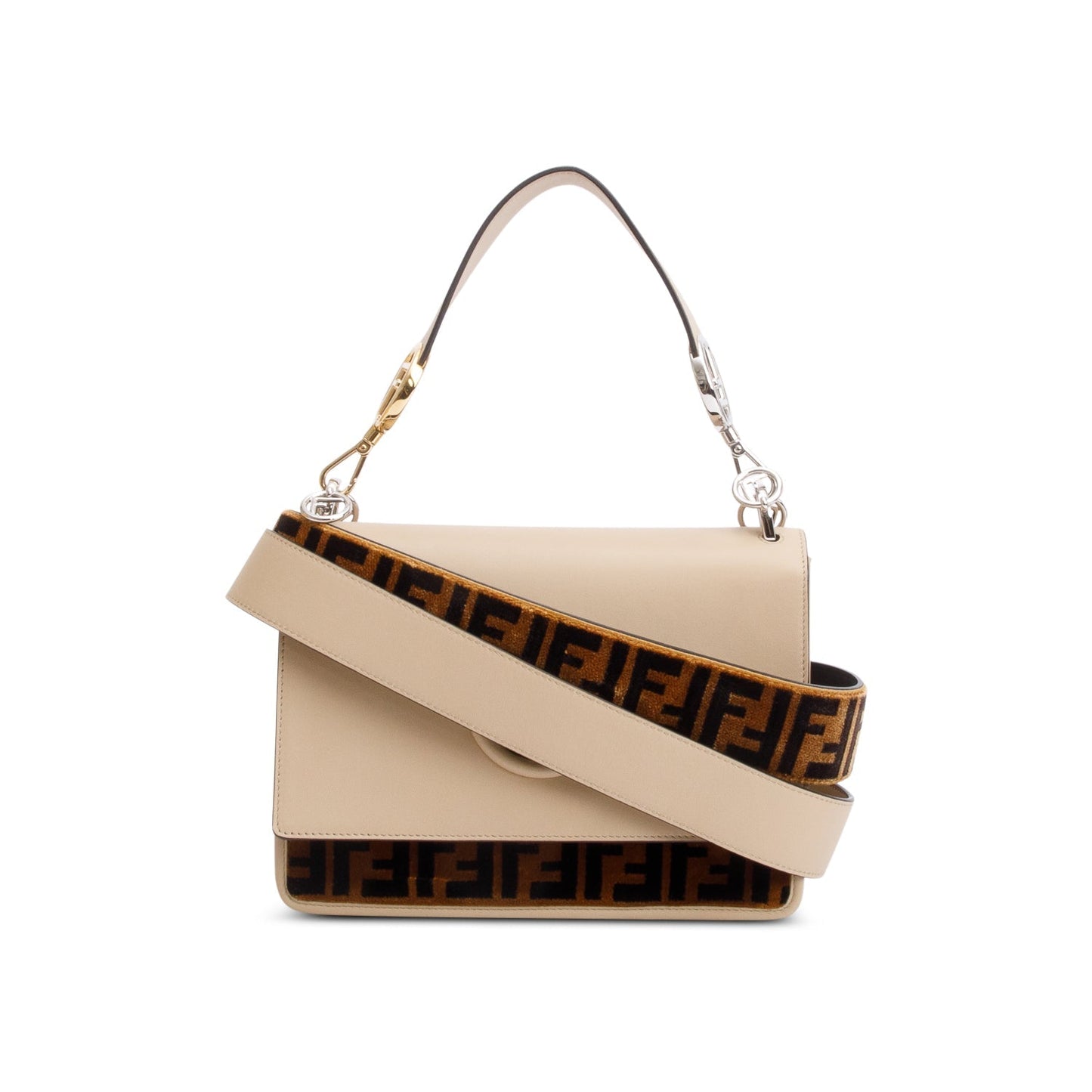 Fendi Beige Calfskin Leather FF Zucca Velvet Medium F is Fendi Kan I Shoulder Bag