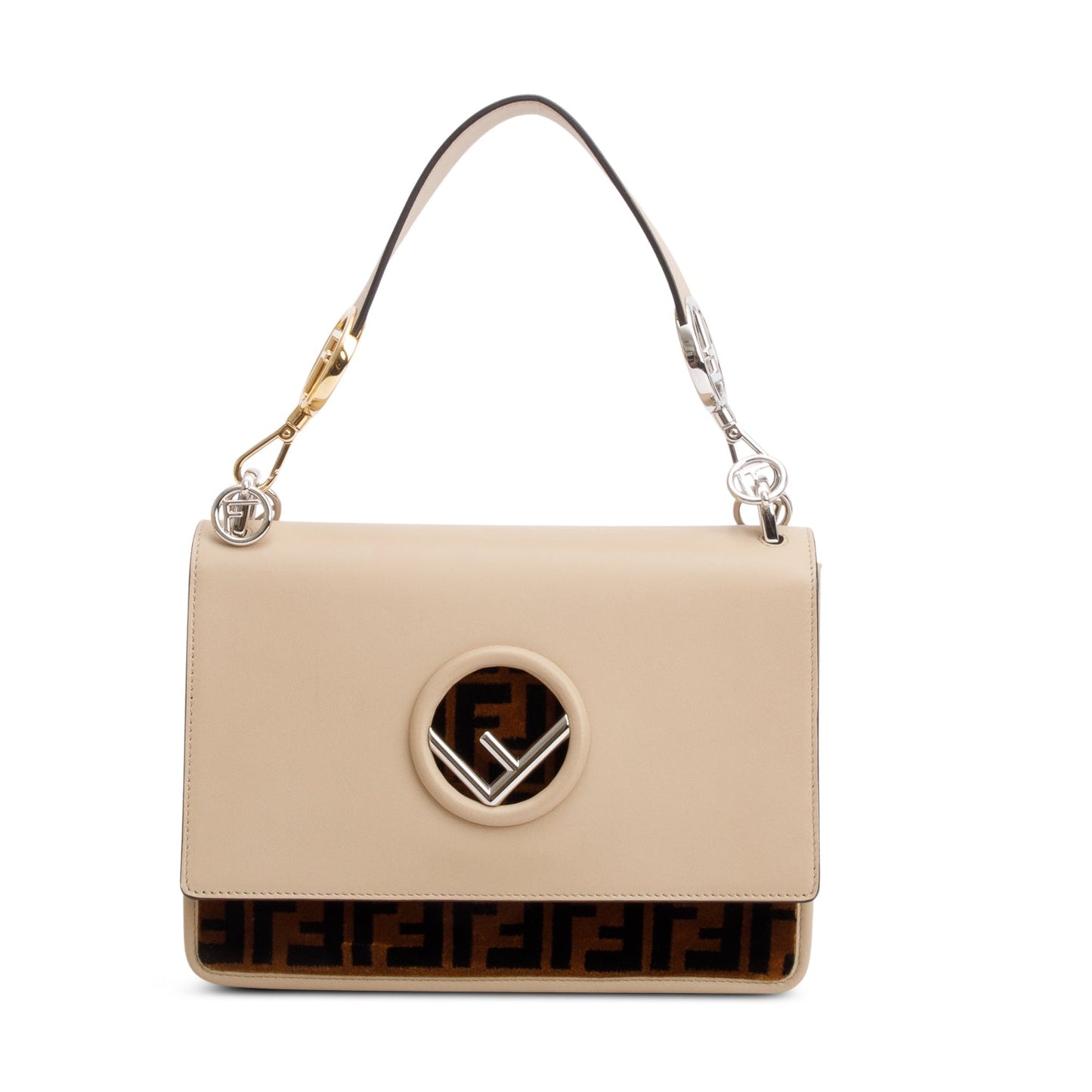 Fendi Beige Calfskin Leather FF Zucca Velvet Medium F is Fendi Kan I Shoulder Bag