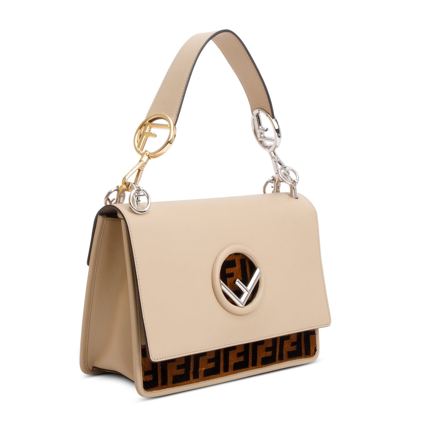 Fendi Beige Calfskin Leather FF Zucca Velvet Medium F is Fendi Kan I Shoulder Bag