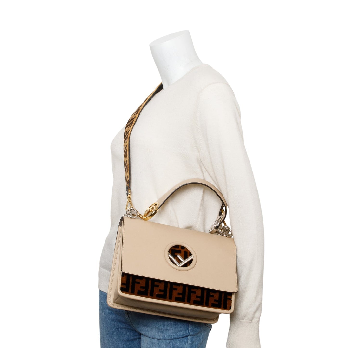 Fendi Beige Calfskin Leather FF Zucca Velvet Medium F is Fendi Kan I Shoulder Bag