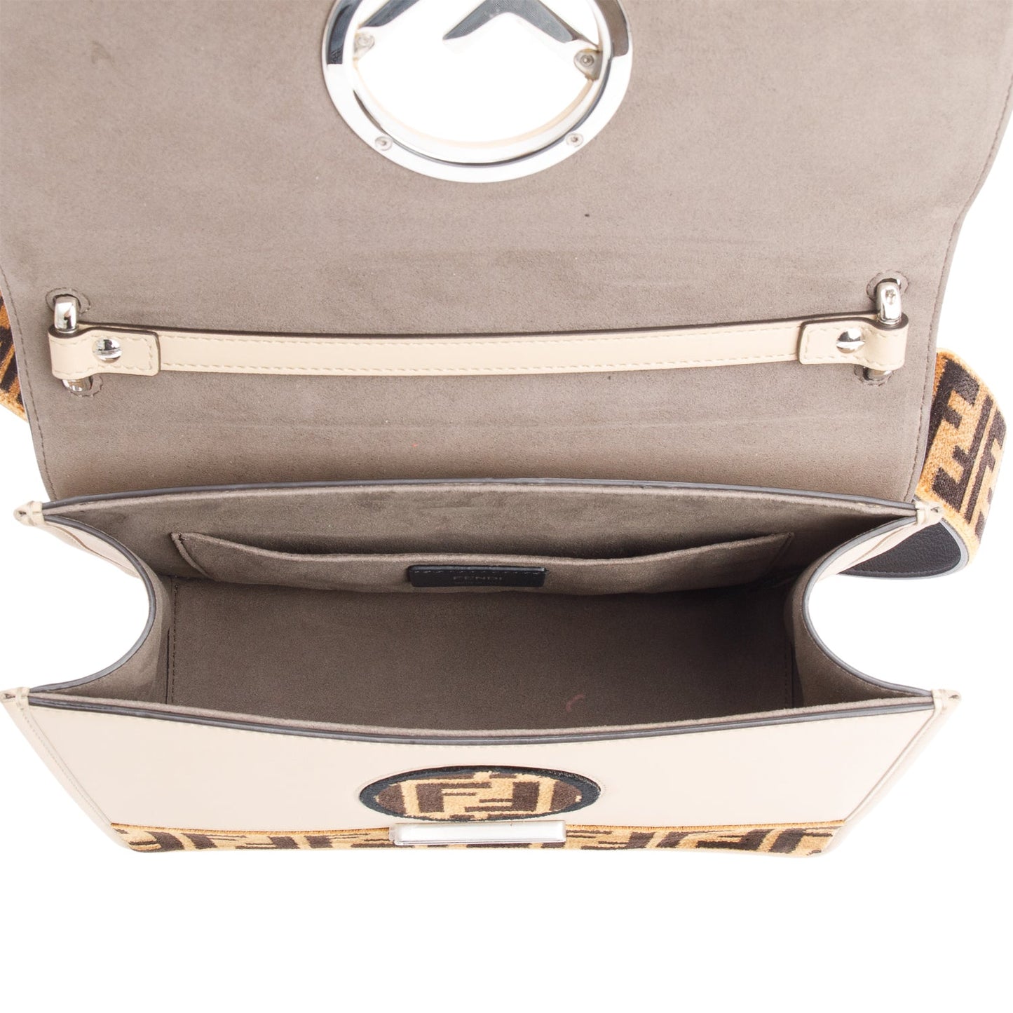 Fendi Beige Calfskin Leather FF Zucca Velvet Medium F is Fendi Kan I Shoulder Bag