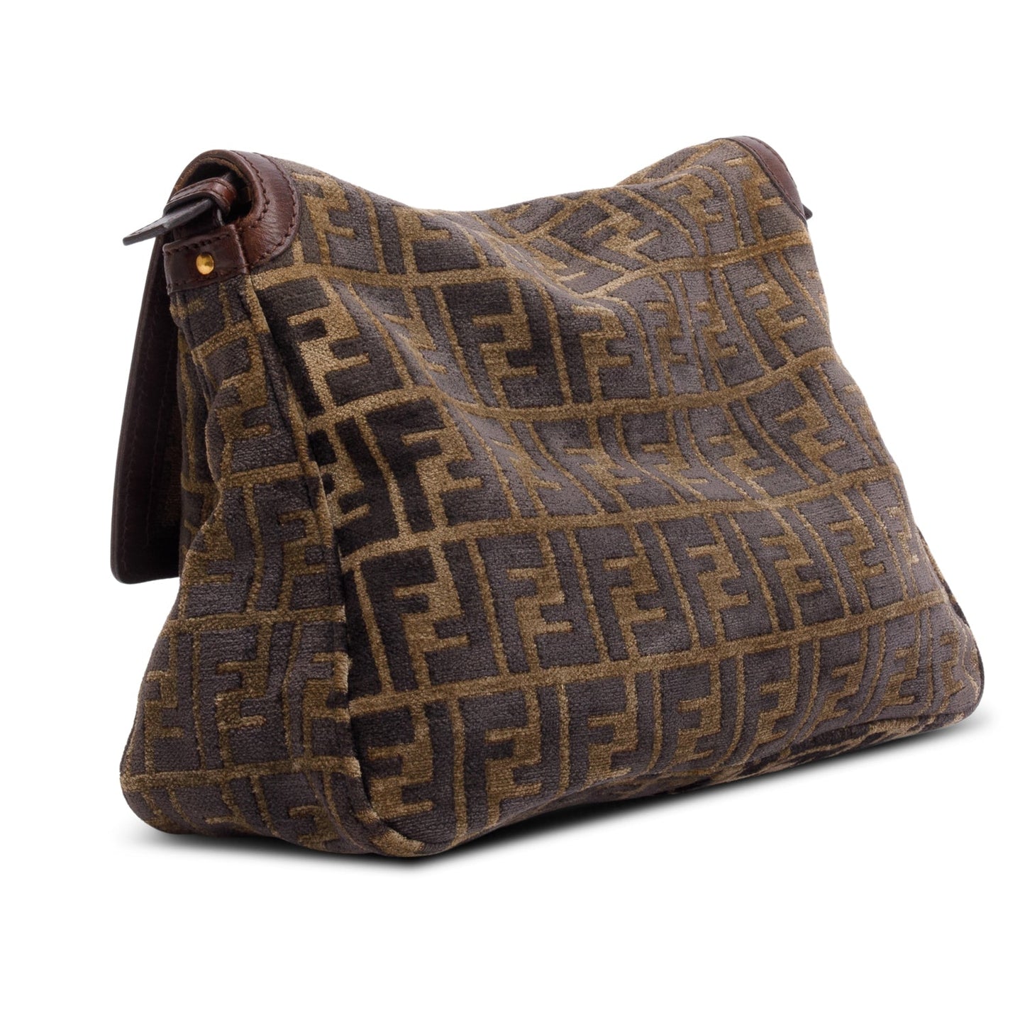 Fendi Brown FF Zucca Wool Brown Leather Trim Baguette Shoulder Bag