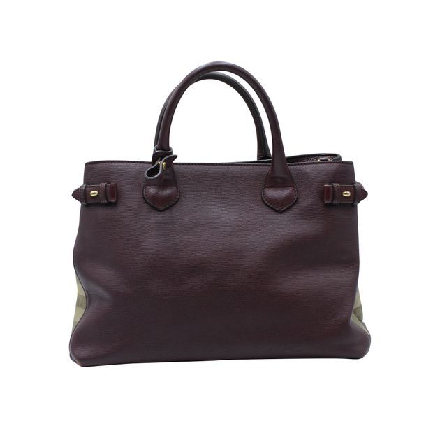Burberry Dark Purple Grained Leather Tote - Checked Pattern On Sides