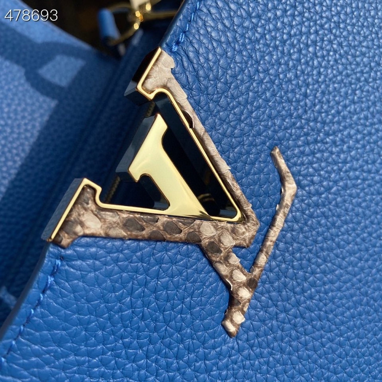 Top Quality Woven Capucines Python Handle Bag 27cm Taurillon Leather Spring/Summer 2021 Collection N98388, Blue