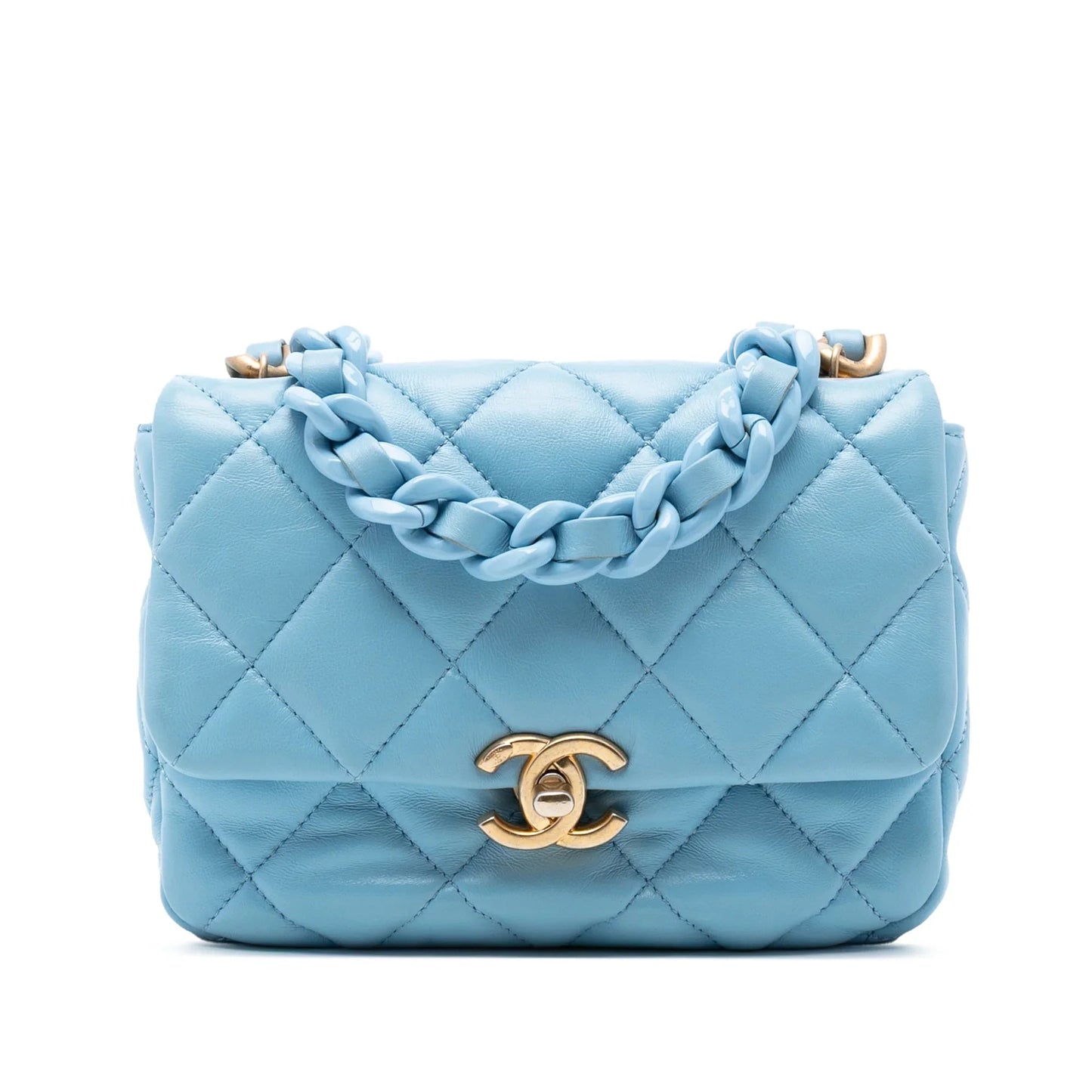 Blue Chanel Mini Quilted Lambskin Lacquered Chain Flap Crossbody Bag