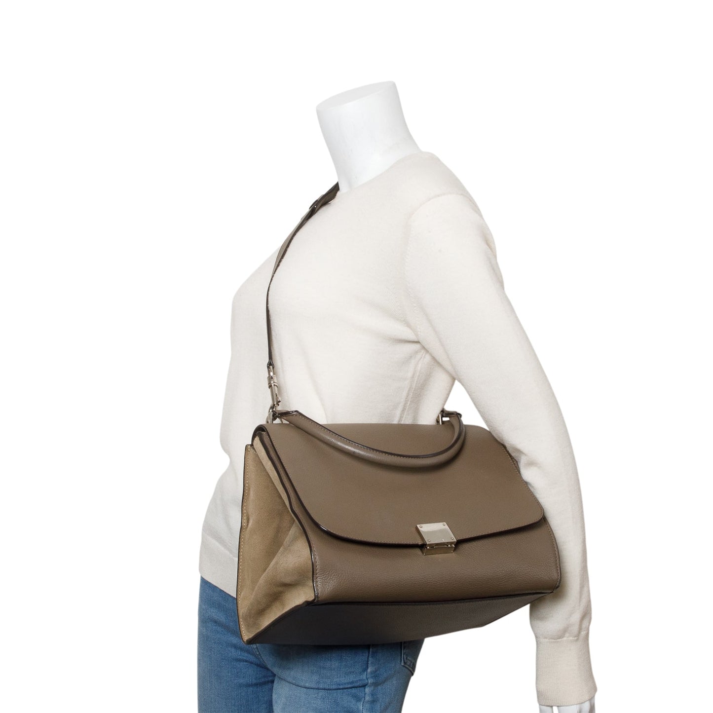 Celine Taupe Calfskin Leather Suede Trim Medium Trapeze Bag