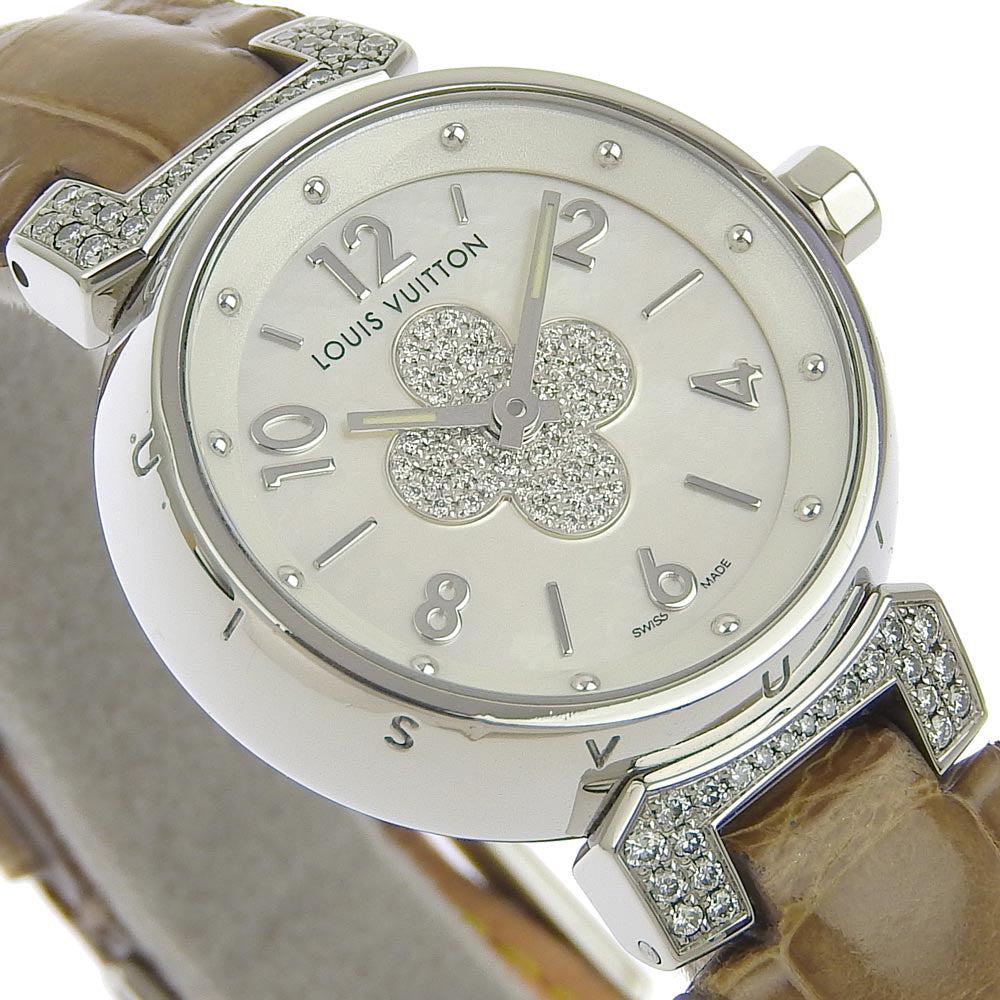 LOUIS VUITTON Watches Quartz Q121P Stainless Steel , Leather Brown Forever Tambour Silver shell dial Women