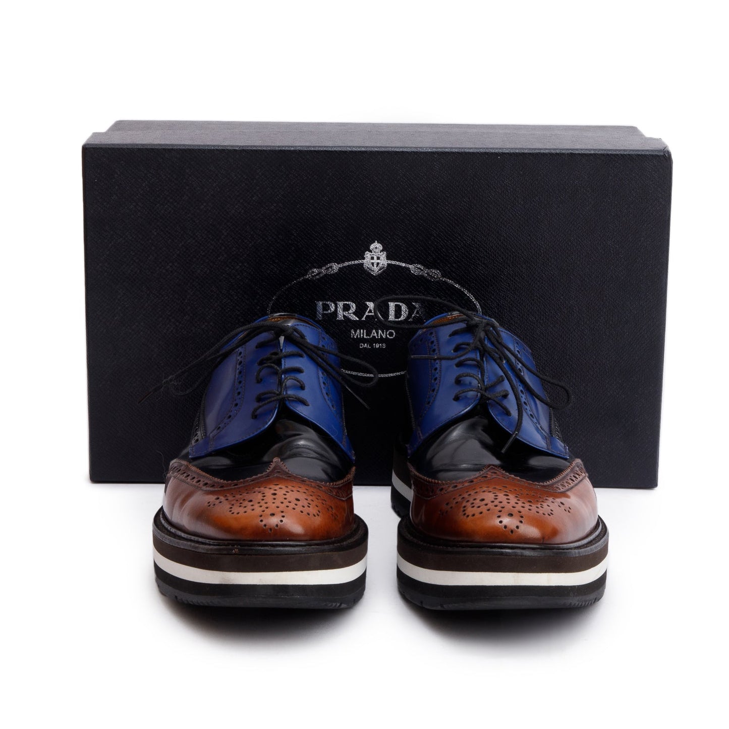 Prada Blue Spazzolato Leather Laced Brogue Shoes, Size 8