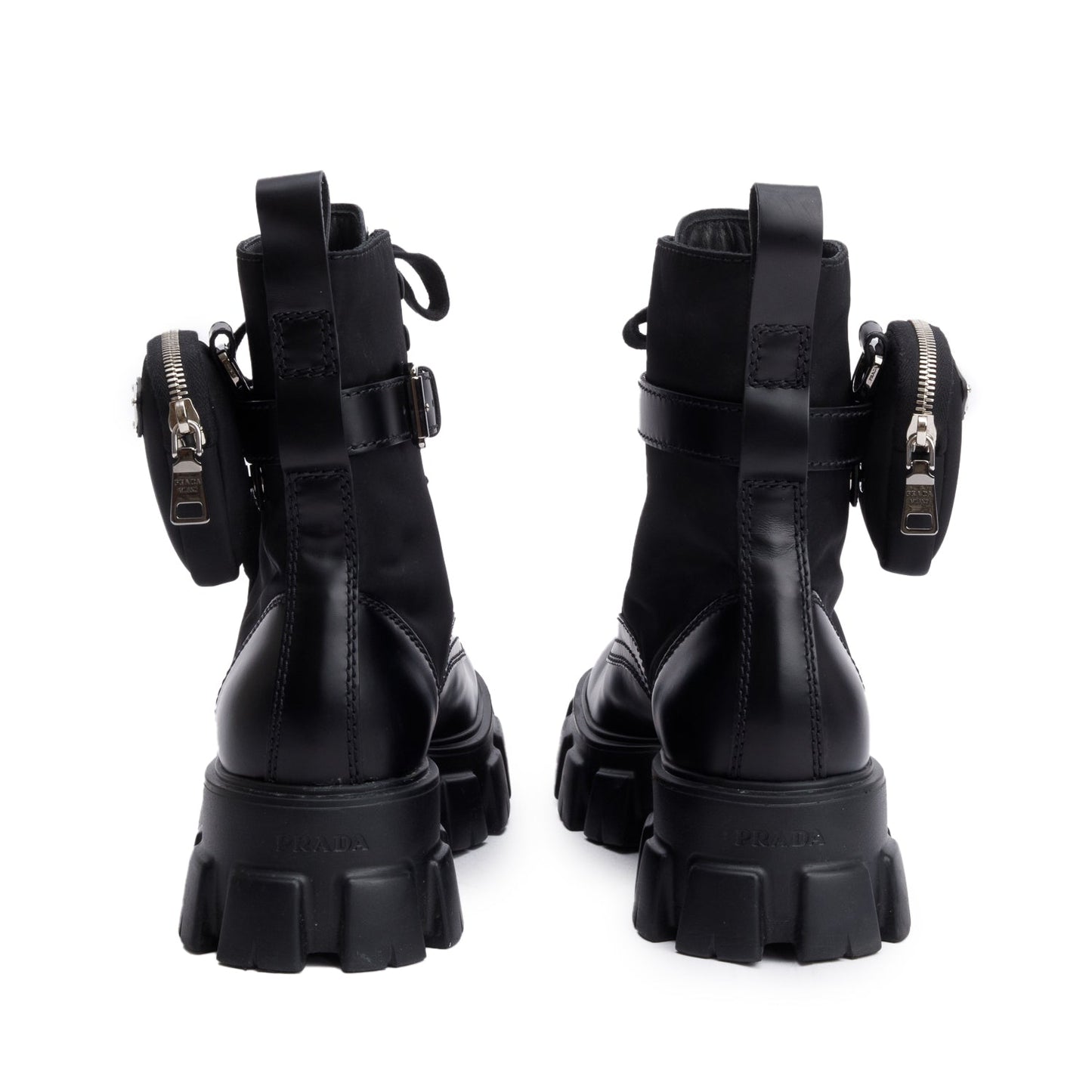 Prada Black Monolith Leather and Re-Nylon Boots with Pouch, Mens Size 8.5