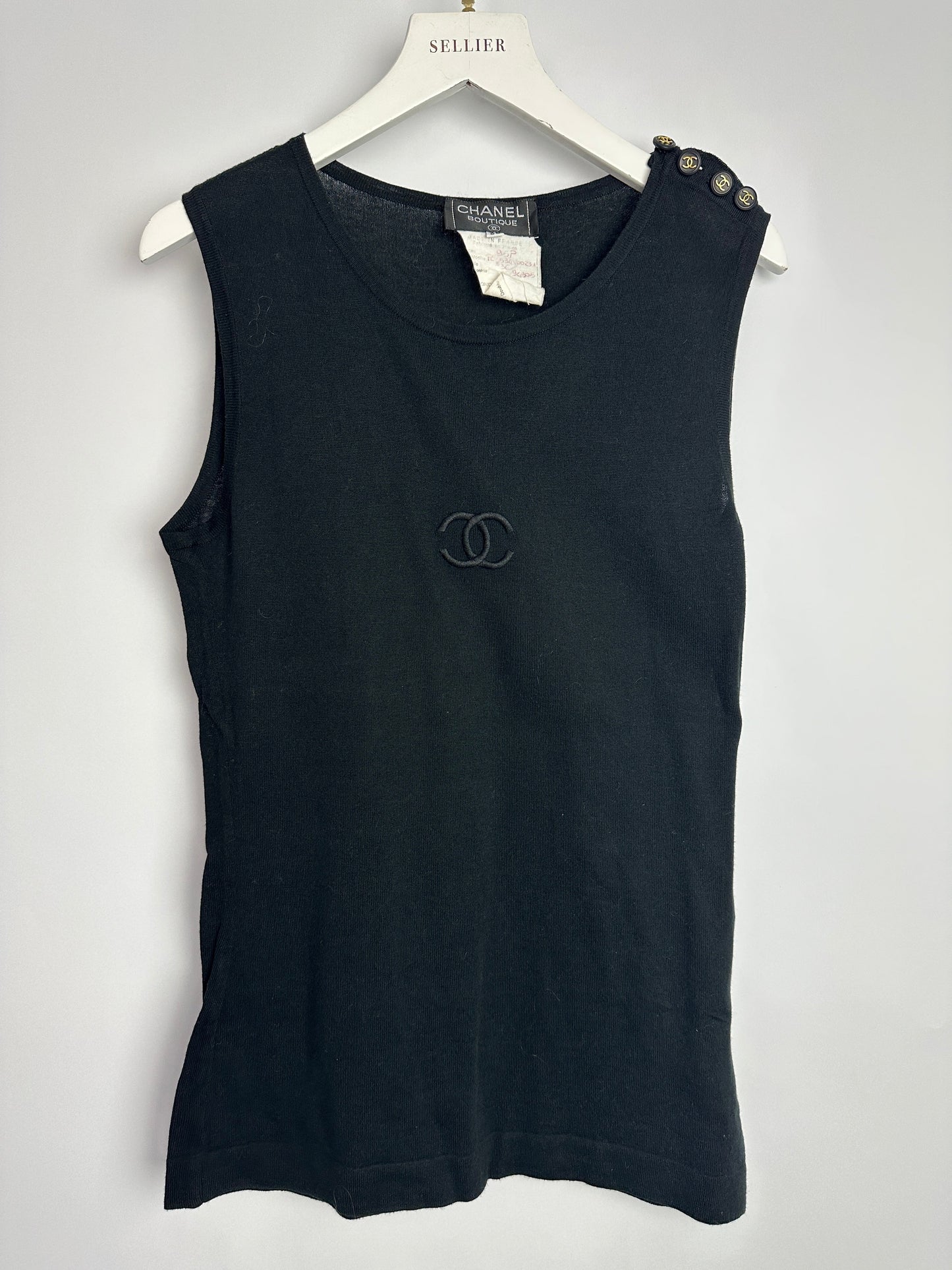 Chanel 95P   Black Sleeveless Cotton Top with Stitched Logo and Gold Logo Buttons on the Shoulder Size FR 36 (UK 8)