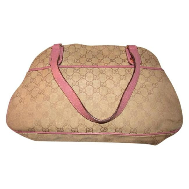 Gucci   Brown Large Logo Print Canvas And Pink Leather